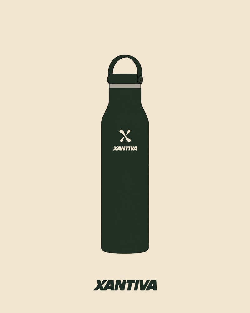 Green water bottle with the Xantiva symbol and wordmark