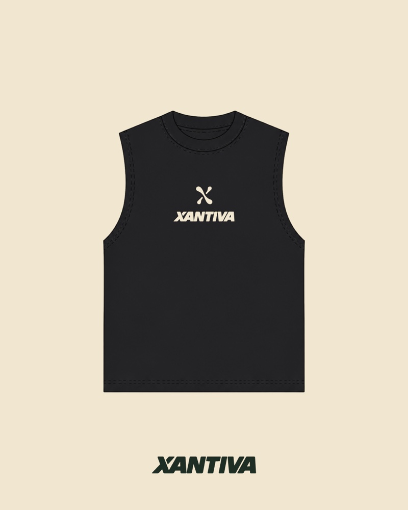 Black training tank with the Xantiva symbol and wordmark on the chest